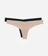 Kit de dos bombachas tanga estilo bikini confeccionadas en microfibra con corte láser, una en color negro y otra en color beige.