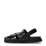 Sandalias chatitas Miss Carol modelo Siena, color negro, de estilo romano con tiras cruzadas y suela plana con plataforma baja. Cuentan con tira ajustable en el talón y hebilla metálica dorada en el empeine.