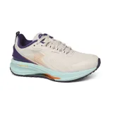 Championes de running color beige con detalles en naranja y violeta.
