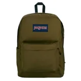 Mochila Jansport modelo Superbreak Plus en color verde militar, con compartimento principal espacioso, bolsillo frontal con cierre y logo de la marca bordado en el frente.