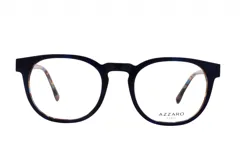 Anteojos de marco completo Azzaro, modelo 31214 col 3, con forma redonda, marco de acetato azul y patillas estampadas multicolor.
