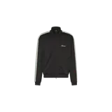 Campera deportiva de la marca Represent, modelo Track Jacket en color negro, con cierre frontal y cuello alto. Presenta franjas laterales a lo largo de las mangas en tonos blanco y verde, bolsillos frontales con cierre y detalle de logo bordado en el pecho.