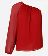 Blusa de chiffon color rojo, con hombro único, manga larga abullonada y puño elástico.