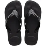 Ojotas Havaianas modelo Top Max Comfort, color negro, con diseño ergonómico y suela texturizada antideslizante. Presentan tiras anchas con el logo de la marca grabado.