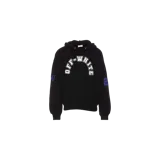 Hoodie Off-White de color negro con capucha con cordón ajustable, bolsillo frontal tipo canguro y estampado gráfico del logo en el pecho en tono blanco con diseño universitario.