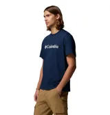 Remera de algodón orgánico color azul marino, con cuello redondo, mangas cortas y logo de la marca estampado en blanco en el pecho.