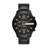 Reloj Armani Exchange modelo Hampton, con caja y correa de acero inoxidable color negro. Esfera negra con detalles dorados y tres subesferas.