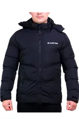 Campera puffer azul marino marca Lotto, con capucha desmontable, cierre frontal y bolsillos laterales con cierre.
