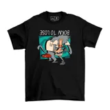 Remera negra de algodón con estampado frontal del personaje Jaimico de La Vaca y el Pollito, acompañado por la frase 'BORN TO LOSE' invertida.