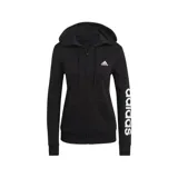 Campera Adidas Essentials de mujer, color negro, con cierre frontal, capucha ajustable con cordón, bolsillos laterales y logo de Adidas estampado en blanco en el pecho y en la manga izquierda.