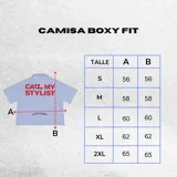 Camisa de corte boxy fit color celeste, con mangas cortas y cuello tipo polo. Presenta un estampado frontal en color rojo con la frase 'CALL MY STYLIST' y un detalle bordado en color negro con la firma 'FACHAPOSTA'.