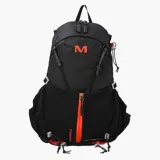 Mochila de trekking Merrell modelo Grayling de 30 litros, color negro con detalles en naranja vibrante en cierres y cordones. Presenta un logo 'M' en naranja en la parte superior y la marca 'MERRELL' en naranja en el bolsillo frontal inferior.