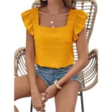 Blusa de color amarillo con textura fruncida, cuello cuadrado y mangas cortas con volados.