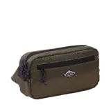 Riñonera Rusty Kalen color verde militar, con compartimento principal y bolsillo frontal con cierre, tiradores de cordón y parche con el logo de la marca.
