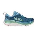Championes de running Hoka Gaviota 5, color celeste con detalles en verde y rosa.