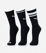 Pack de tres pares de medias deportivas Puma de caña larga, color negro con detalles en blanco, incluyendo logo y franjas en la parte superior.
