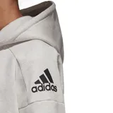 Campera deportiva Adidas con capucha, confeccionada en tejido spacer de color gris melange. Presenta cierre frontal completo, cordones ajustables en la capucha, bolsillos laterales con cierre y logo de la marca estampado en el hombro.