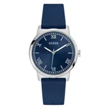 Reloj analógico Guess Easton con caja de acero inoxidable, esfera azul con números romanos y correa de silicona azul.