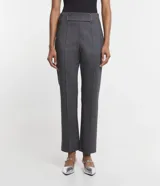 Pantalón de vestir de viscosa con estampado de cuadros, corte recto, cintura fija con cinturón incorporado con hebillas.