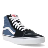 Championes Vans modelo Sk8-Hi de caña alta, con diseño bicolor en azul marino y negro. Presenta la icónica banda lateral blanca, puntera de gamuza, paneles laterales de lona, cordones blancos y suela de goma vulcanizada con patrón waffle.