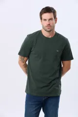 Remera lisa de manga corta y cuello redondo, color gris oscuro, de calce cómodo con pequeño logo bordado en el pecho.