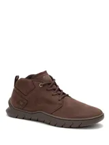 Botinetas de cuero marrón Caterpillar, diseño urbano con cordones, suela dentada y logo grabado en el lateral y lengüeta.