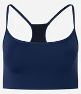 Top deportivo de poliamida color azul marino, con breteles finos y espalda estilo nadador.