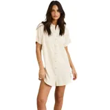 Vestido camisero corto color crudo, de corte recto, con cuello camisero, mangas cortas y cierre frontal con botones.