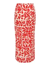 Falda midi de lino y viscosa con estampado abstracto en tonos rojo y blanco. Diseño con abertura lateral.