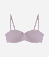 Soutien strapless color lila, con copas moldeadas y tirantes desmontables ajustables.