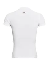 Remera deportiva de compresión Under Armour, manga corta, color blanco con logo de la marca en negro en el pecho. Confeccionada en tejido elástico de secado rápido con costuras planas ergonómicas.