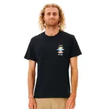 Remera de manga corta color negro, con cuello redondo y estampa pequeña en el pecho con el logo de la marca y diseño gráfico colorido.