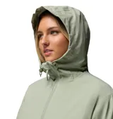 Campera impermeable Columbia Blossom Park Rain, color verde, con cierre frontal y cintura ajustable con cordón.