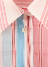 Blusa de manga larga con estampado de rayas en tonos rosados y celestes, cuello camisero, cierre frontal con botones y detalle de lazada lateral en la cintura.