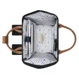 Mochila Cabaia Adventurer Cologne negra con detalles en cuero marrón. Tiene sistema MOLLE, compartimento acolchado para tablet o PC, correa para sujetar a la maleta y tirantes acolchados antitranspirantes.