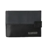 Billetera Rip Curl modelo Pump Clip Rfid All Day, diseño bicolor en tonos negro y gris, confeccionada en cuero, con placa metálica frontal con el logo de la marca y cierre con trabilla.