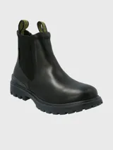 Bota tipo Chelsea de la marca Hush Puppies, confeccionada en cuero negro con paneles laterales elásticos y tiradores superiores con diseño gráfico en amarillo y negro. Presenta una suela de goma robusta y dentada con tecnología Fusion para mayor absorción de impactos.