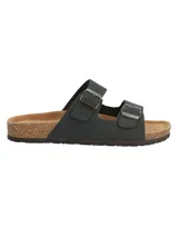 Sandalias de cuero color azul navy marca RKF, modelo Charly II, con dos tiras ajustables con hebillas metálicas, plantilla anatómica y suela de corcho.