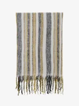 Bufanda de tejido grueso con diseño de rayas verticales en tonos blanco, gris oscuro y mostaza. Presenta flecos en los bordes.