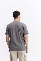 Remera de manga corta color gris oscuro con cuello redondo y un estampado rectangular frontal que simula una obra de arte paisajística en blanco y negro.