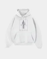 Canguro oversize blanco con capucha y bolsillo frontal tipo canguro. Presenta un estampado gráfico central con una figura humana esquemática y líneas curvas en color violeta, acompañado de la inscripción 'FIG. 1 LOS DE AFUERA SON DE PALO'.