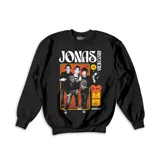 Buzo de cuello redondo y manga larga en color negro, con estampa frontal gráfica de la banda Jonas Brothers en estilo vintage, incluyendo texto y detalles decorativos.