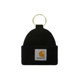Llavero Carhartt WIP en forma de mini gorro de lana negro con vuelta, parche con el logo bordado y argolla metálica dorada.
