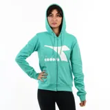 Campera deportiva con cierre frontal, capucha y bolsillo canguro, color verde menta. Presenta el logo grande de Diadora en blanco en el pecho.