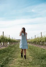 Vestido corto color celeste con espalda descubierta, tirantes finos y detalles de encaje en la cintura y el ruedo, con falda con volado.