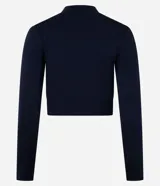 Remera deportiva negra de poliamida seamless con cuello alto, cierre frontal parcial y mangas largas.