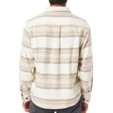 Camisa de franela a rayas horizontales en tonos beige y blanco, con cuello clásico, manga larga, cierre con botones marrones y dos bolsillos con botón en el pecho.