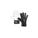 Guantes de portero Puma King negros con palma blanca y logo dorado.