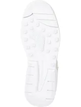 Zapatillas altas de cuero blanco con detalles en azul marino y rojo.