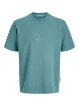 Remera de manga corta color verde con cuello redondo y calce relajado. Presenta un pequeño bordado o estampa en el pecho.